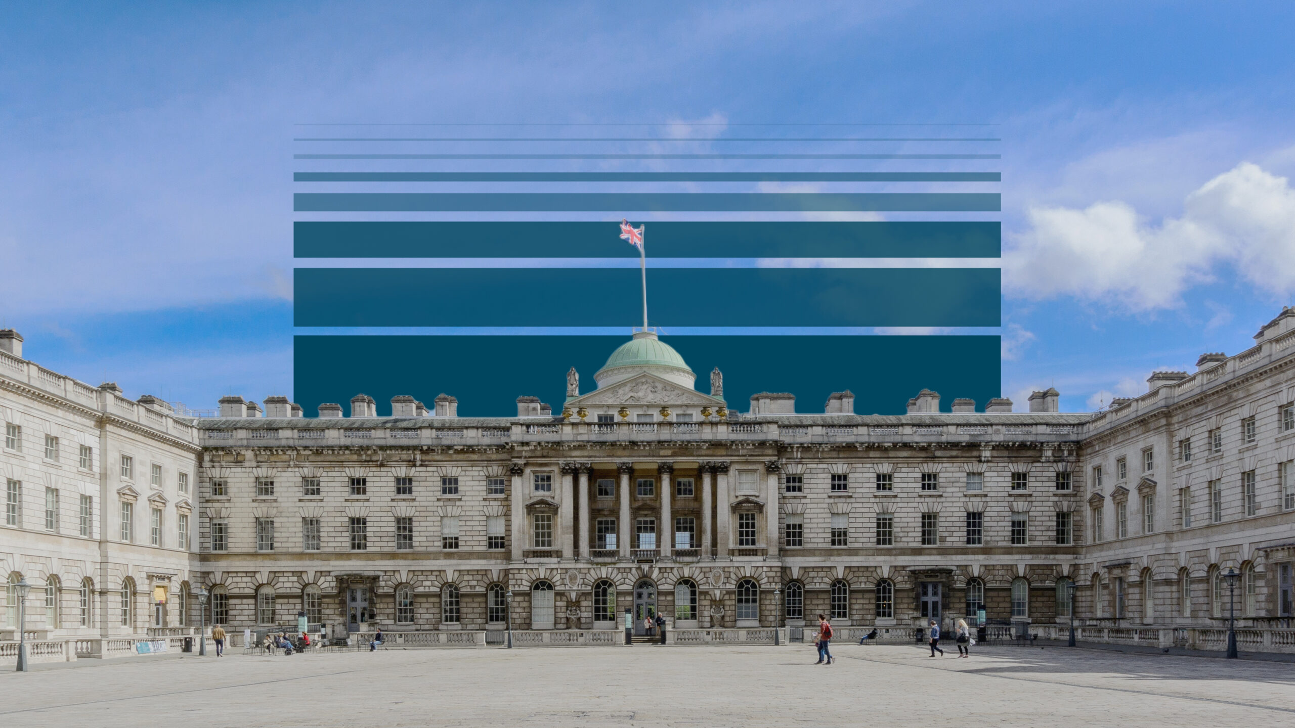 A scenic view of the famous Somerset House in London under a wispy sky